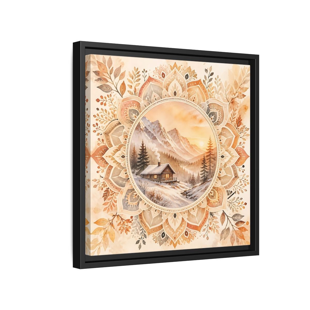 Nature Winter Cabin Brown And Orange Framed Canvas Print Wall Art – Living Room Decor, Above Sofa - YesArtYes