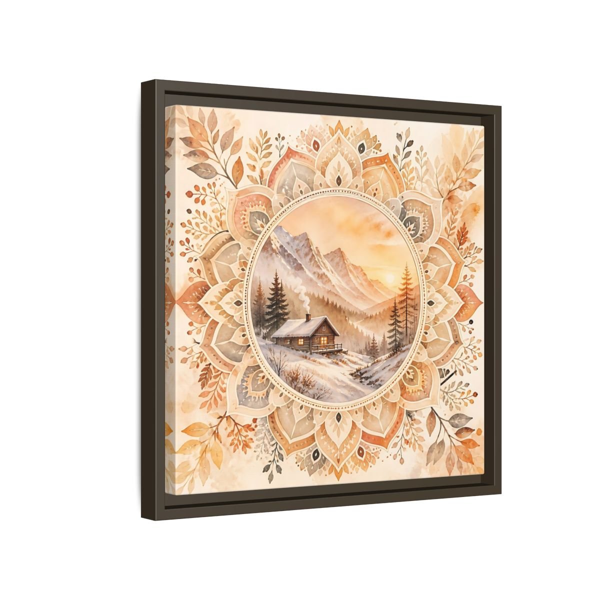 Nature Winter Cabin Brown And Orange Framed Canvas Print Wall Art – Living Room Decor, Above Sofa - YesArtYes