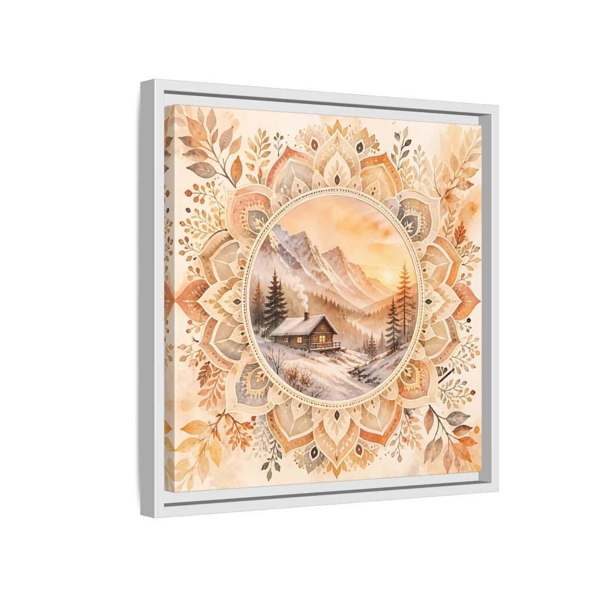 Nature Winter Cabin Brown And Orange Framed Canvas Print Wall Art – Living Room Decor, Above Sofa - YesArtYes