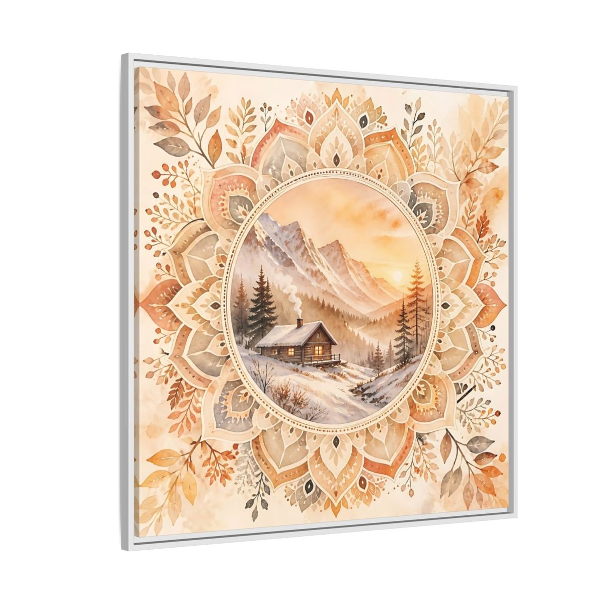 Nature Winter Cabin Brown And Orange Framed Canvas Print Wall Art – Living Room Decor, Above Sofa - YesArtYes