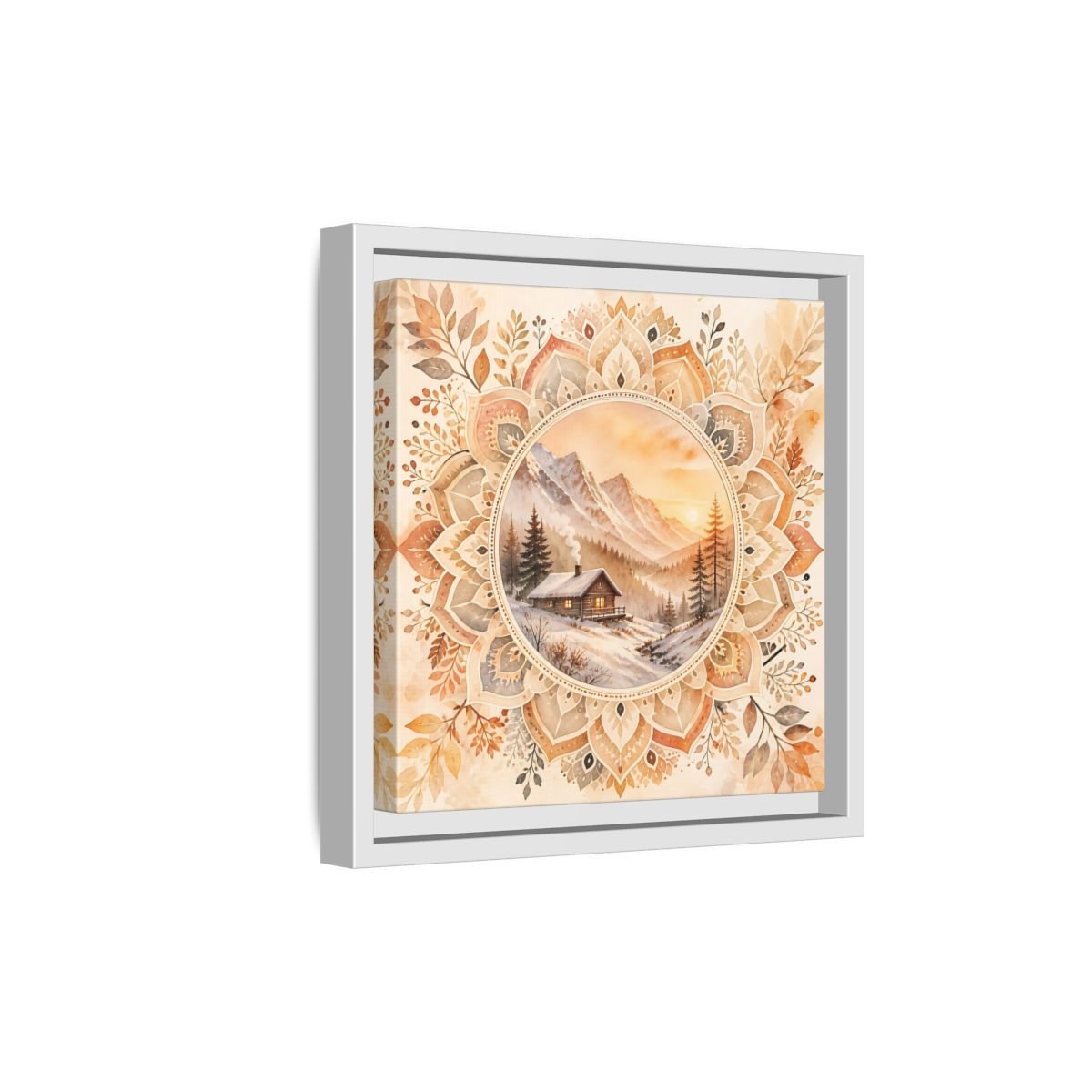 Nature Winter Cabin Brown And Orange Framed Canvas Print Wall Art – Living Room Decor, Above Sofa - YesArtYes