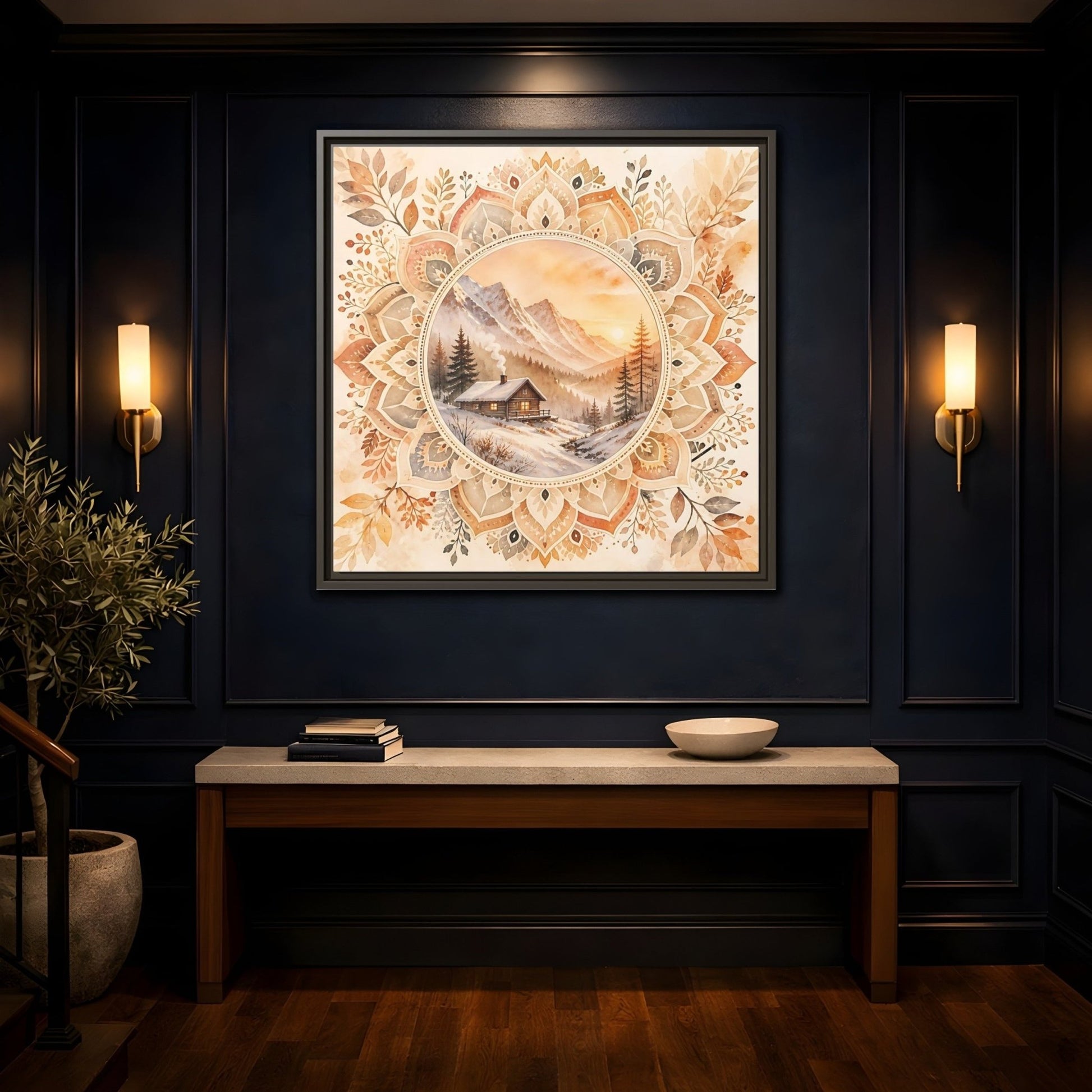 Nature Winter Cabin Brown And Orange Framed Canvas Print Wall Art – Living Room Decor, Above Sofa - YesArtYes