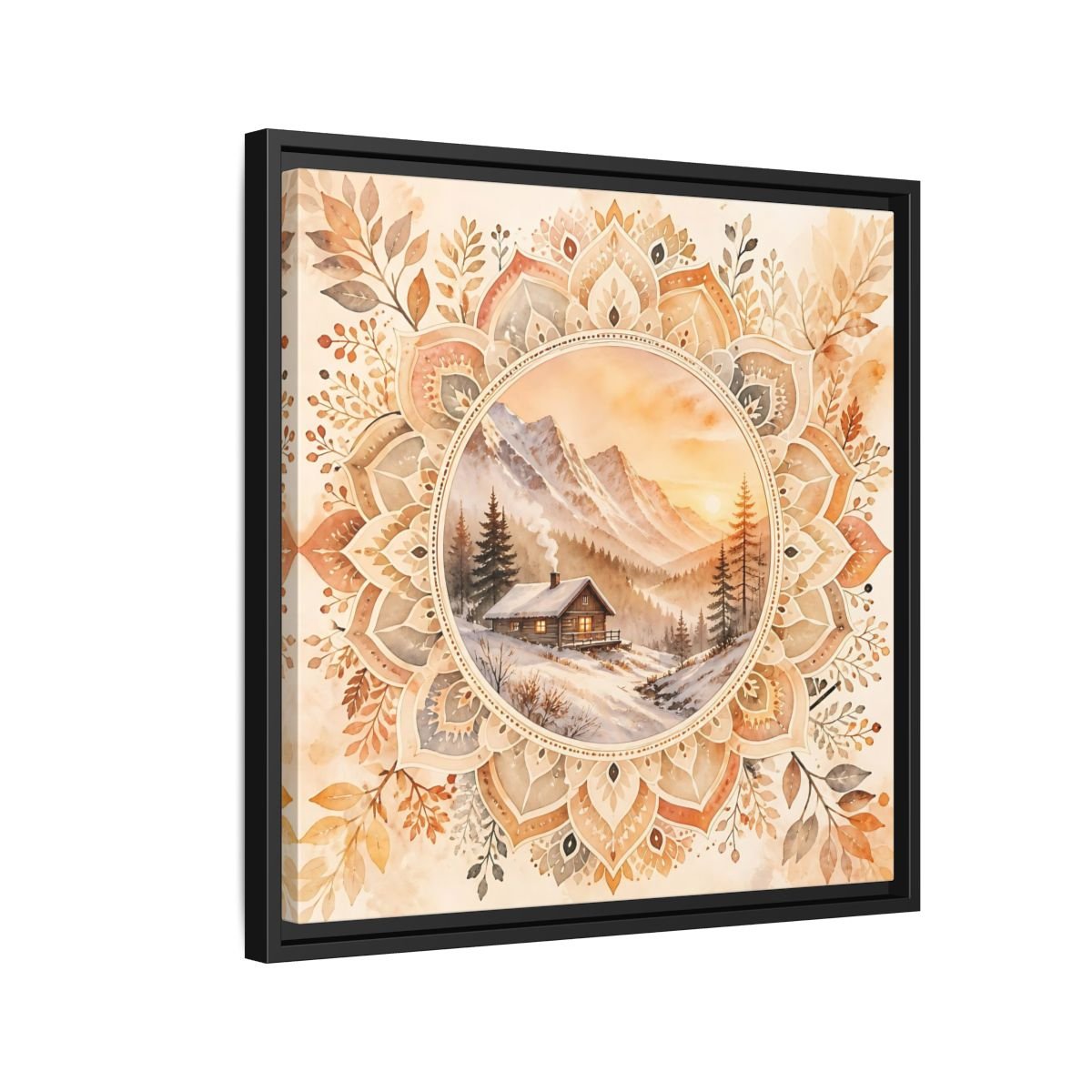 Nature Winter Cabin Brown And Orange Framed Canvas Print Wall Art – Living Room Decor, Above Sofa - YesArtYes
