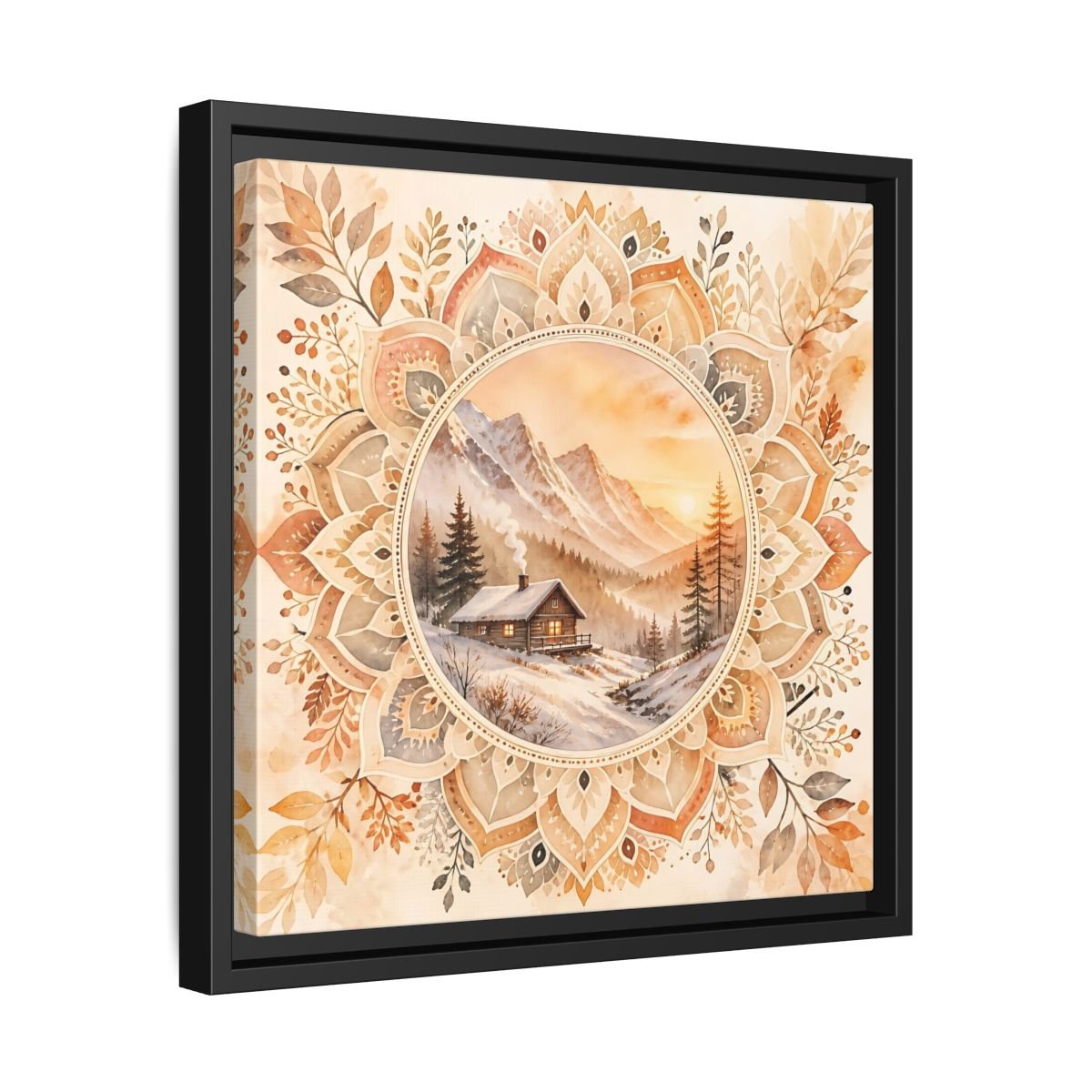 Nature Winter Cabin Brown And Orange Framed Canvas Print Wall Art – Living Room Decor, Above Sofa - YesArtYes