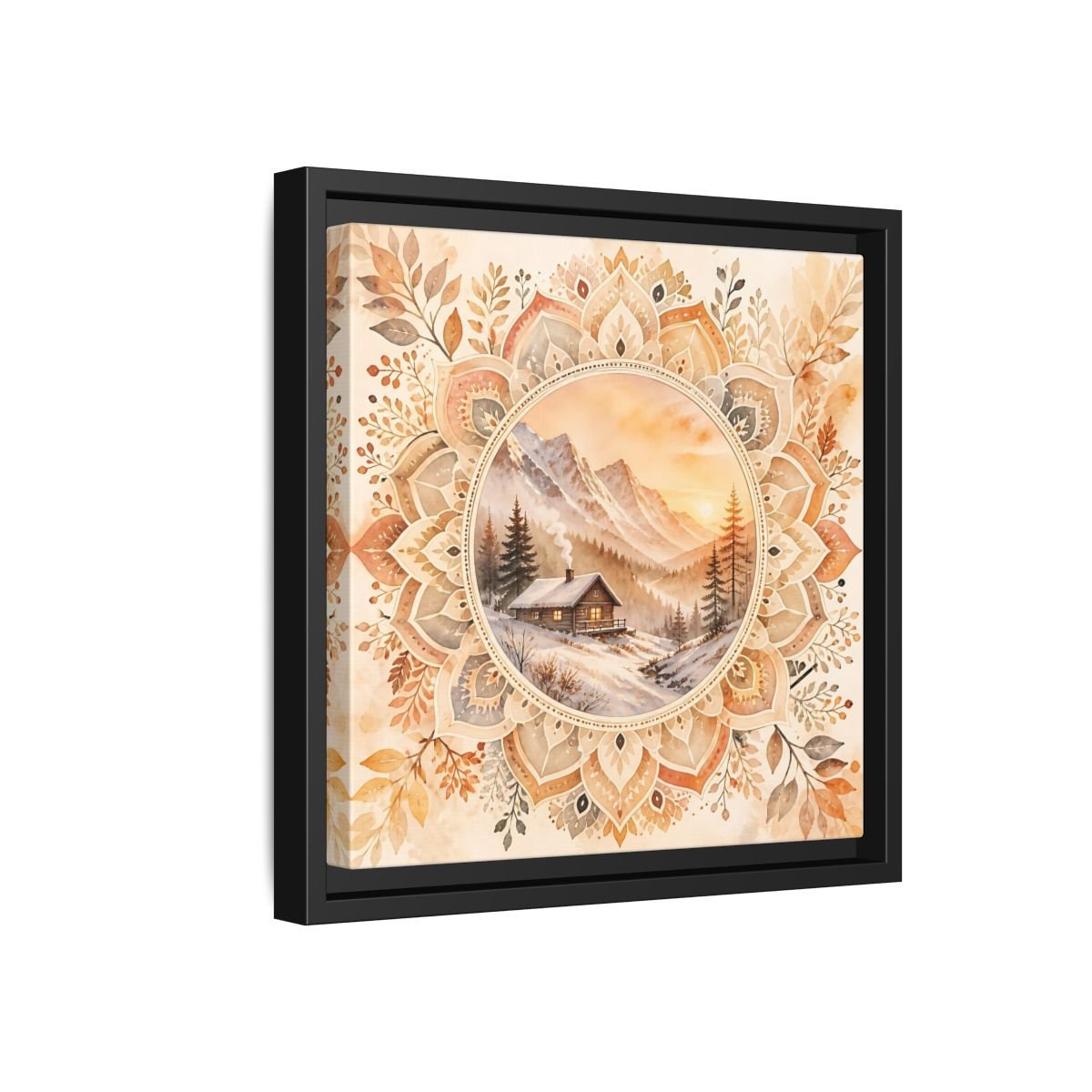 Nature Winter Cabin Brown And Orange Framed Canvas Print Wall Art – Living Room Decor, Above Sofa - YesArtYes
