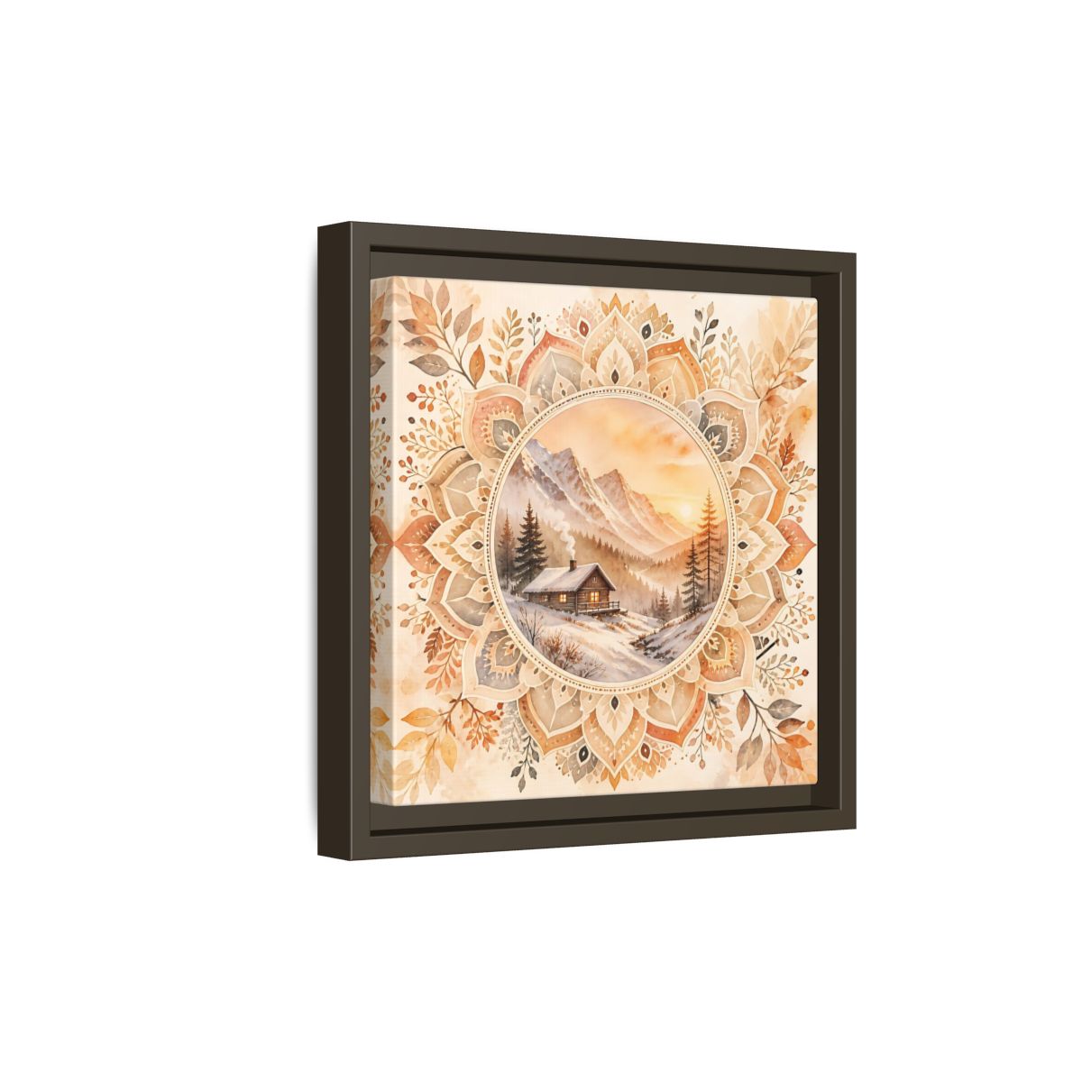 Side Mockup 20. Nature Winter Cabin Brown And Orange shown as framed canvas print