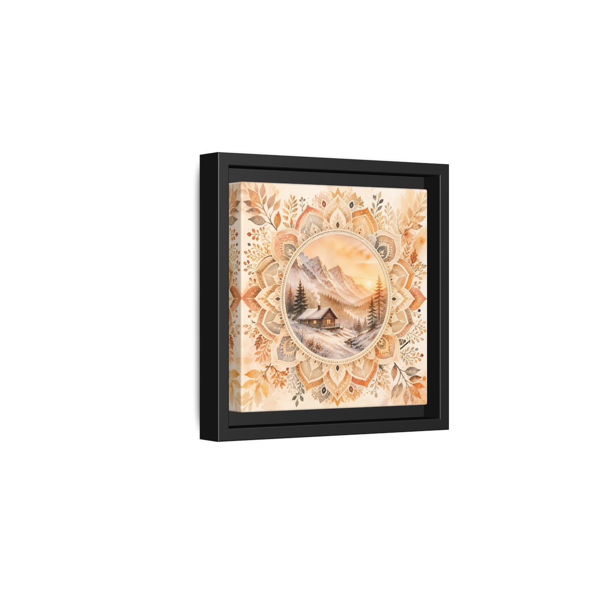 Side Mockup 3. Nature Winter Cabin Brown And Orange shown as framed canvas print