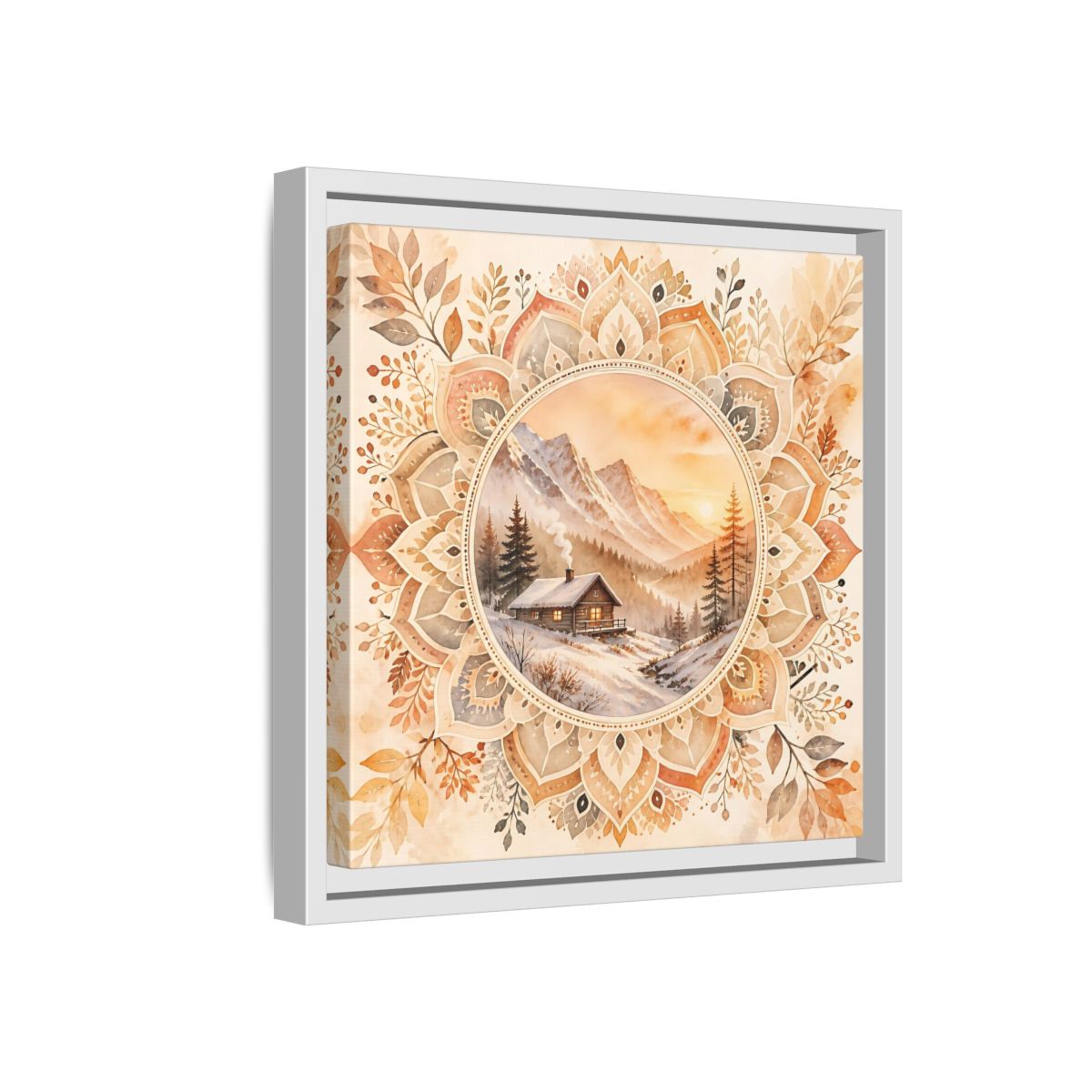 Side Mockup 16. Nature Winter Cabin Brown And Orange shown as framed canvas print