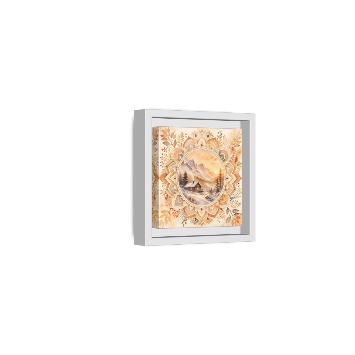 Side Mockup 22. Nature Winter Cabin Brown And Orange shown as framed canvas print