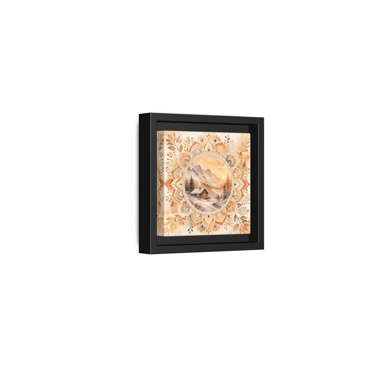 Side Mockup 24. Nature Winter Cabin Brown And Orange shown as framed canvas print