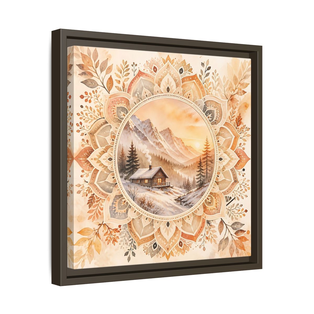 Side Mockup 29. Nature Winter Cabin Brown And Orange shown as framed canvas print