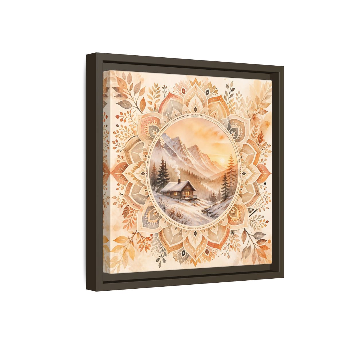 Side Mockup 17. Nature Winter Cabin Brown And Orange shown as framed canvas print