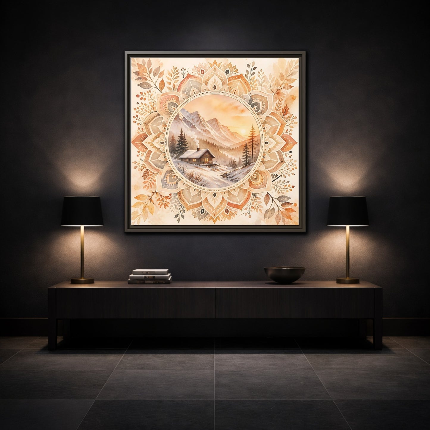 Mockup 3. Nature Winter Cabin Brown And Orange shown as framed canvas print