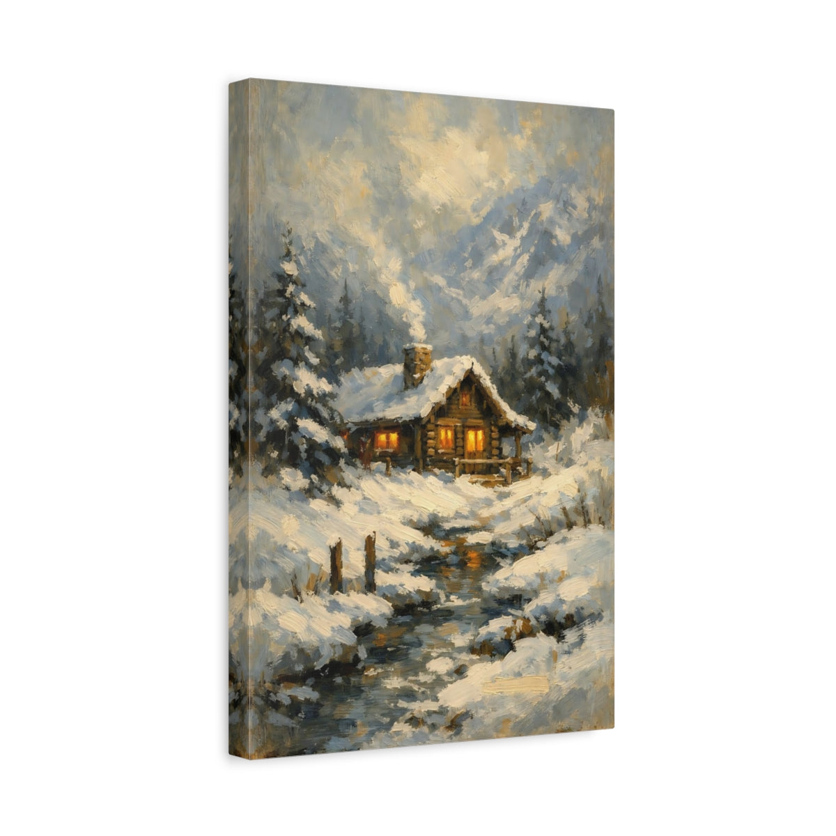 Side Mockup 4. Nature Winter Cabin Winter Cabin shown as stretched canvas wall art