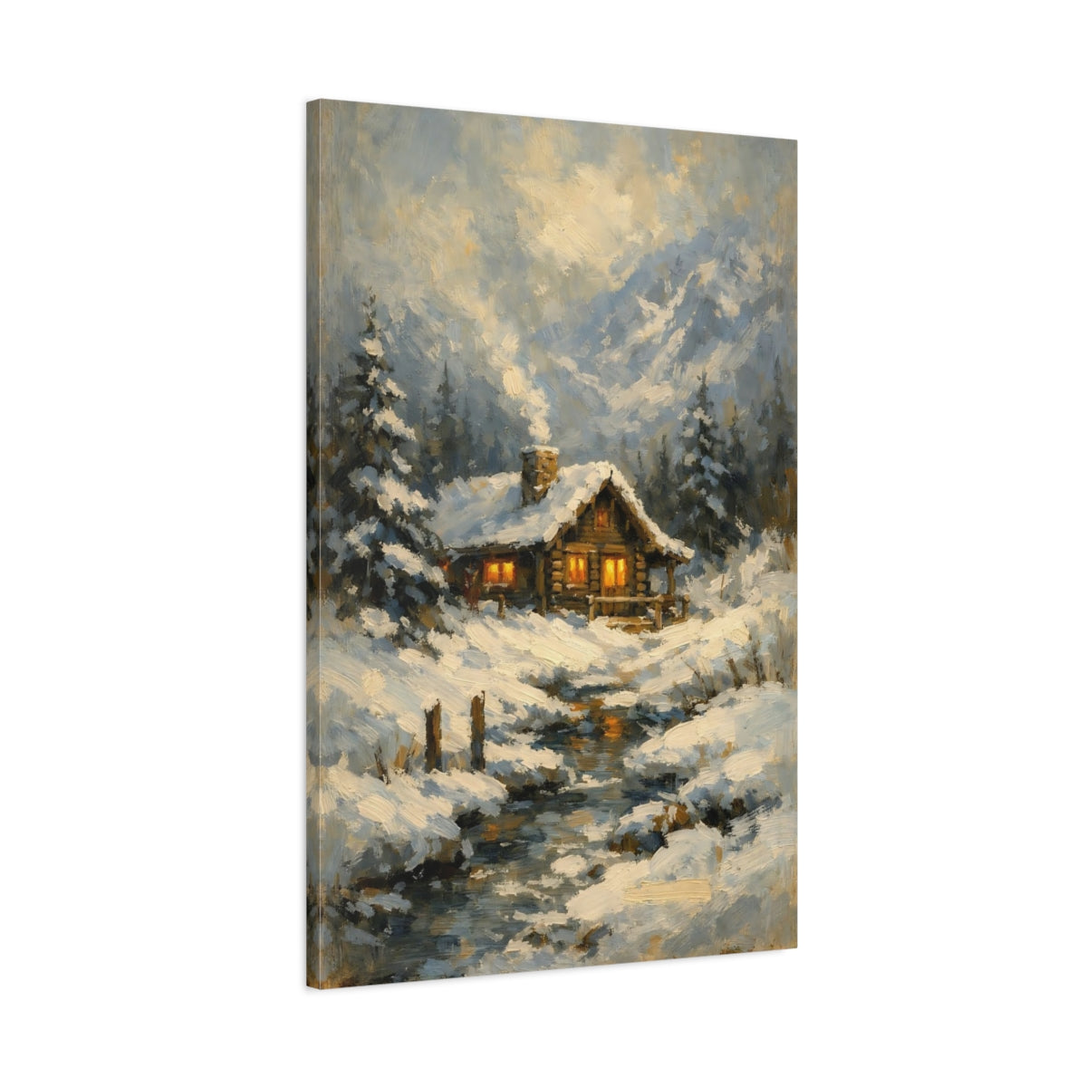 Side Mockup 1. Nature Winter Cabin Winter Cabin shown as stretched canvas wall art