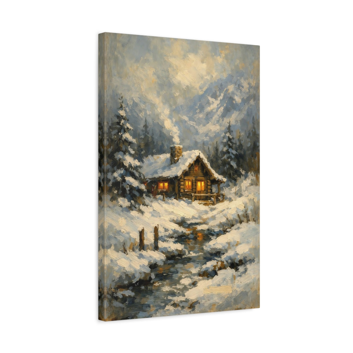 Side Mockup 3. Nature Winter Cabin Winter Cabin shown as stretched canvas wall art