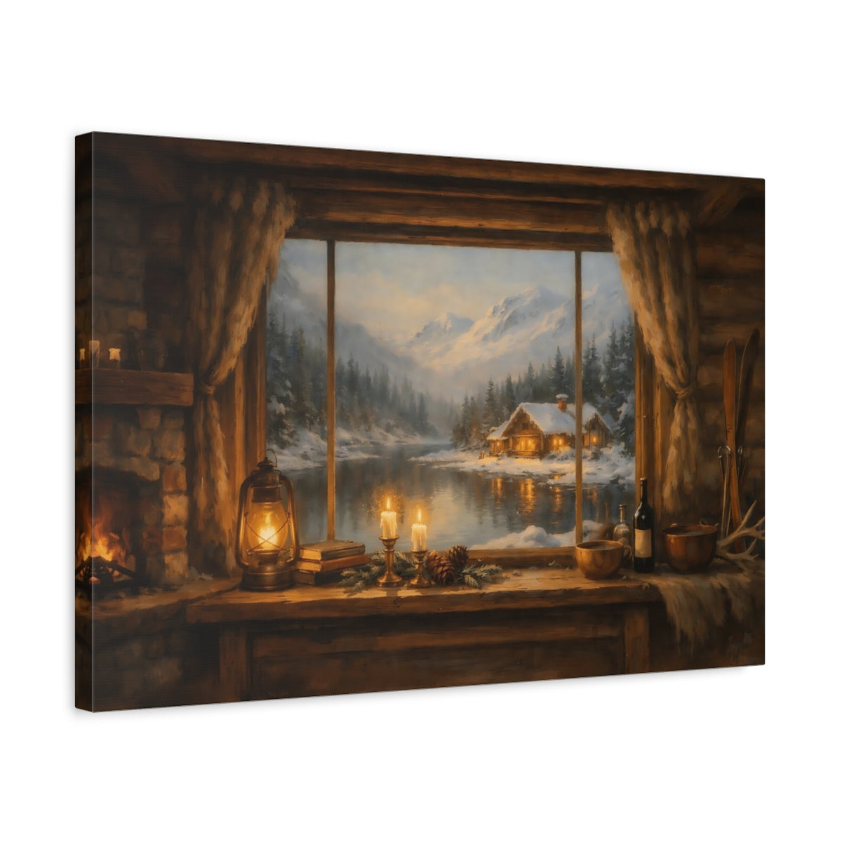 Side Mockup 3. Nature Winter Cabin Cozy Winter Cabin shown as stretched canvas wall art