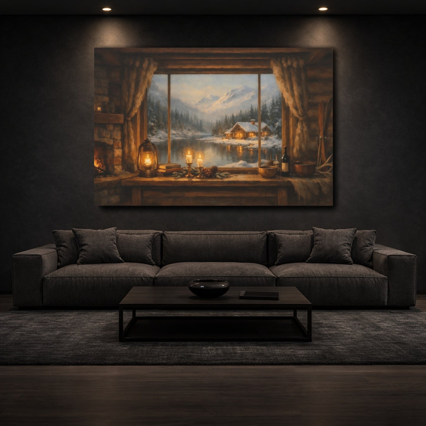 Mockup 2. Nature Winter Cabin Cozy Winter Cabin shown as stretched canvas wall art