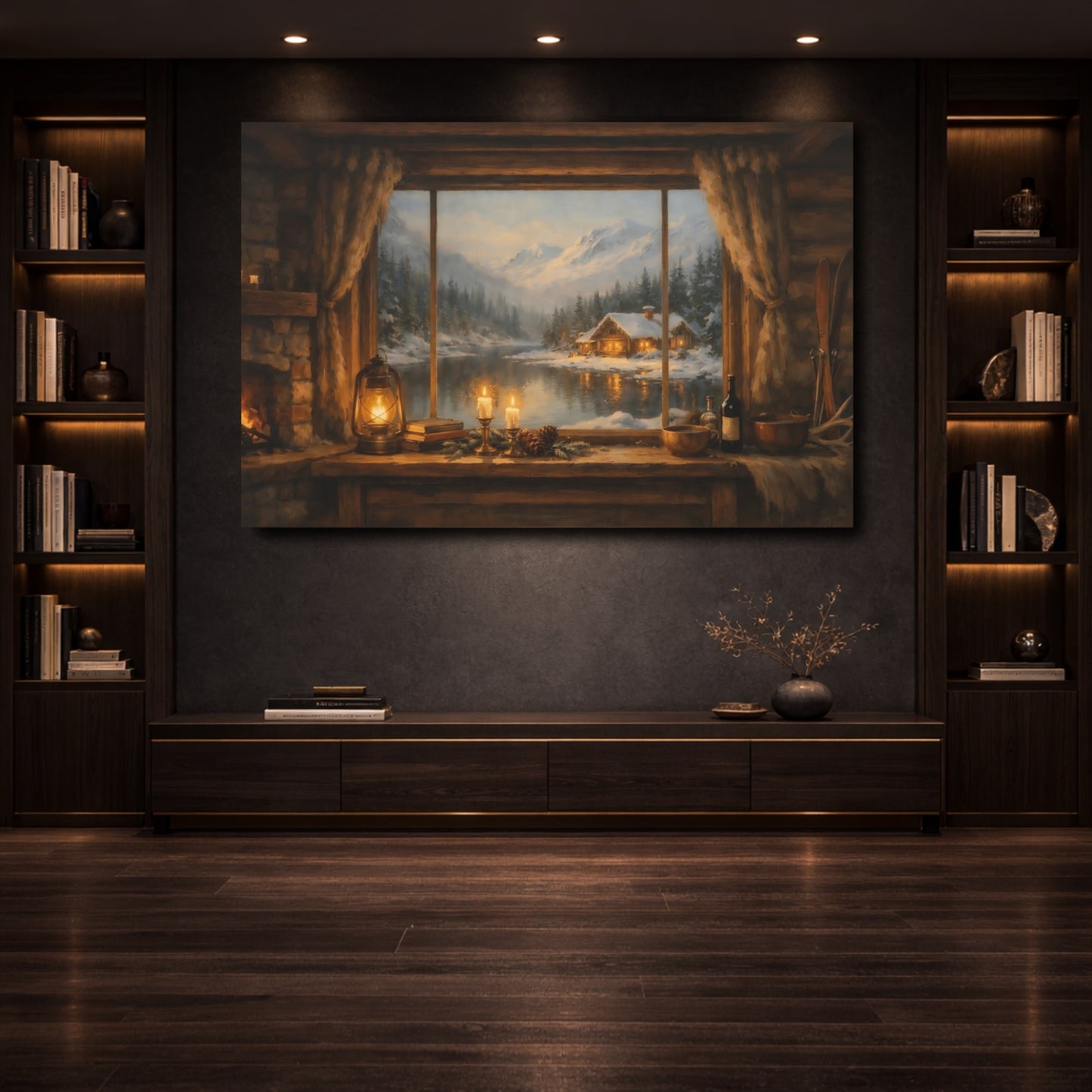 Mockup 3. Nature Winter Cabin Cozy Winter Cabin shown as stretched canvas wall art