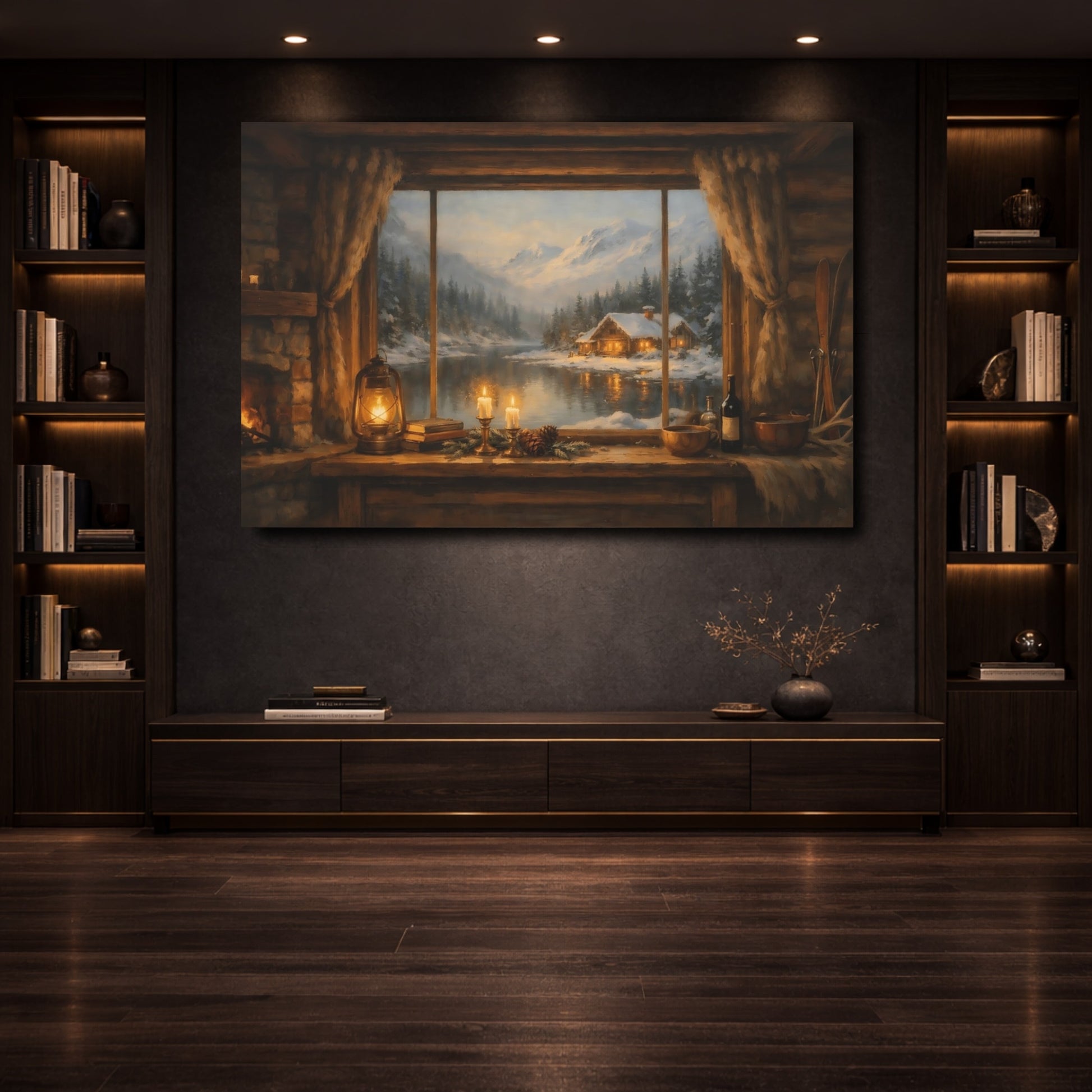 Mockup 3. Nature Winter Cabin Cozy Winter Cabin shown as stretched canvas wall art