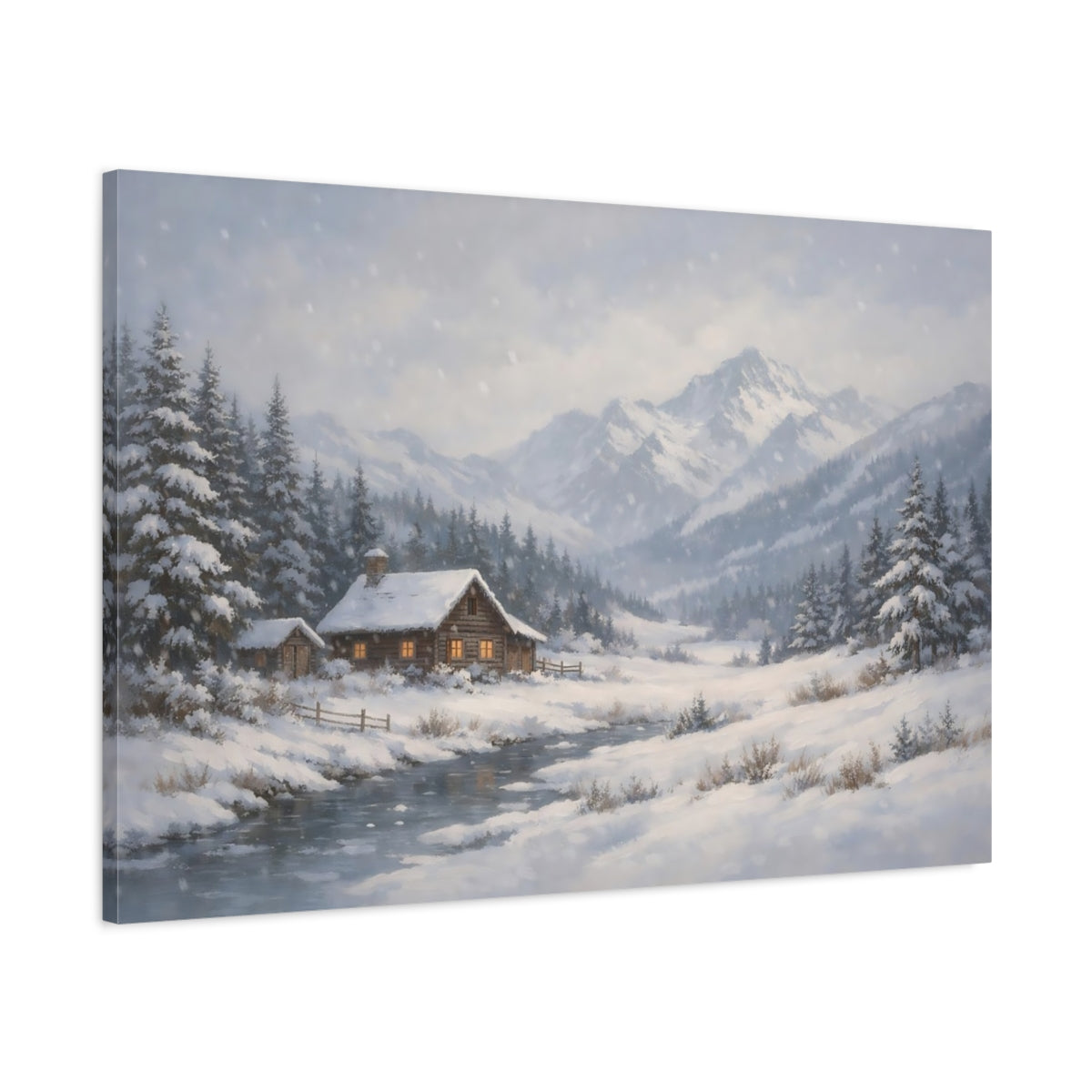 Main Mockup. Nature Winter Cabin Snowy Cabin shown as stretched canvas wall art