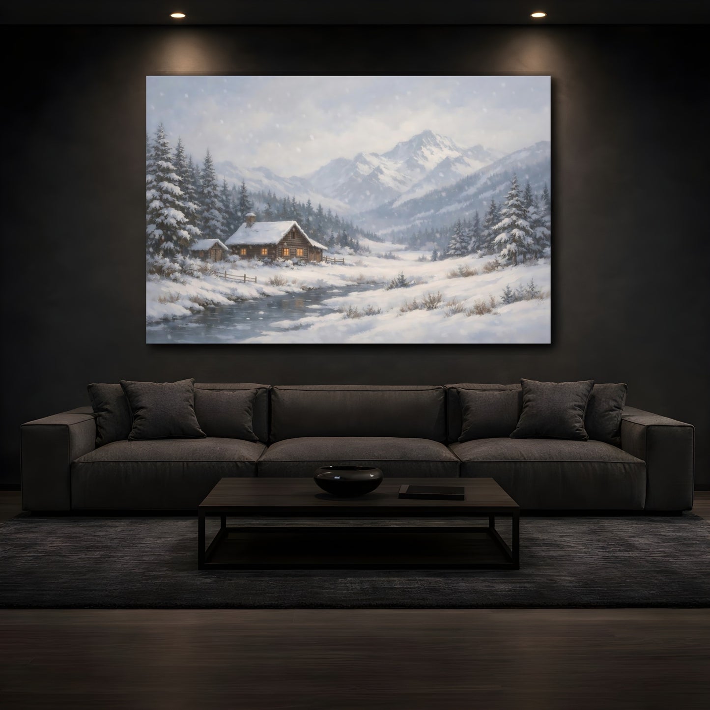Mockup 2. Nature Winter Cabin Snowy Cabin shown as stretched canvas wall art