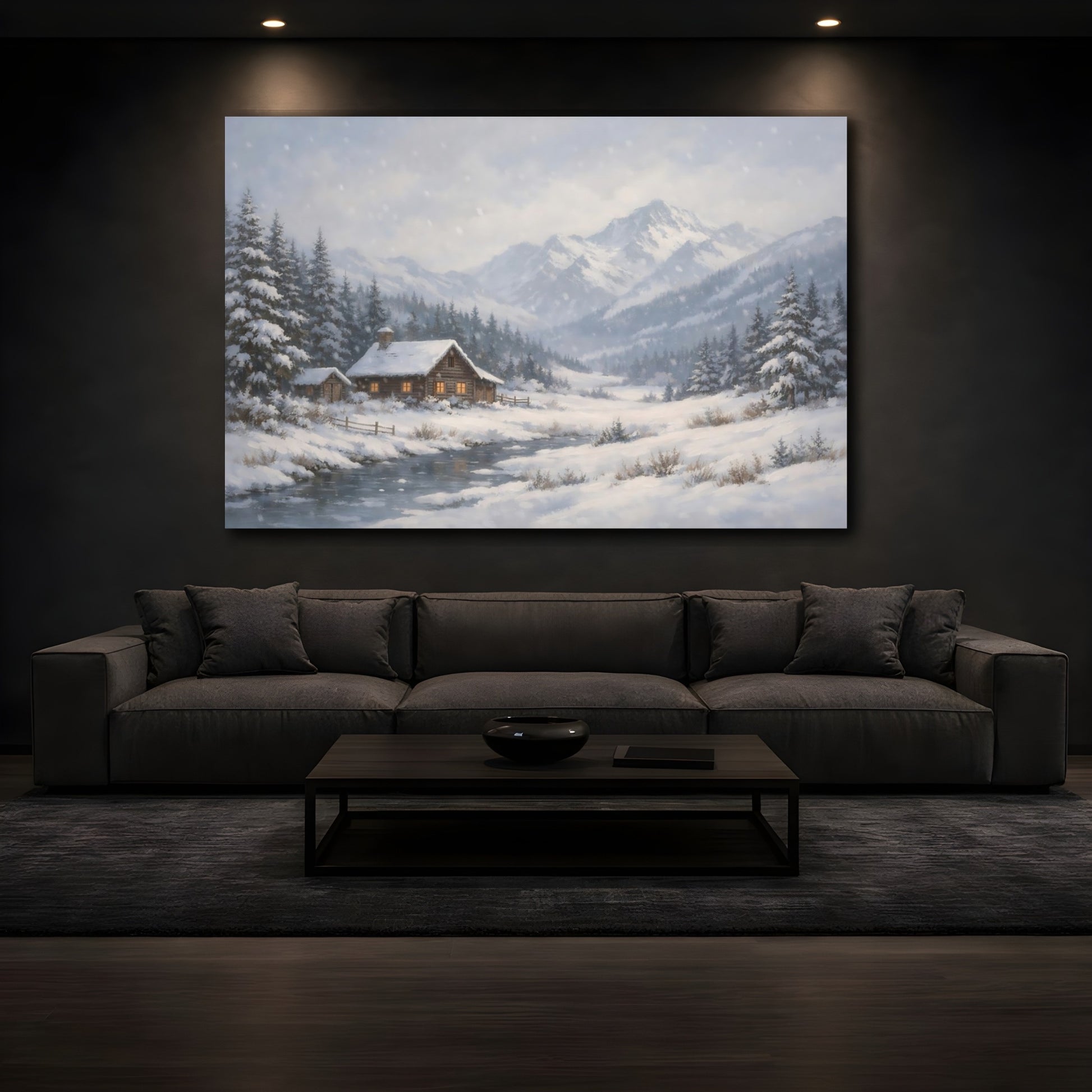 Mockup 2. Nature Winter Cabin Snowy Cabin shown as stretched canvas wall art