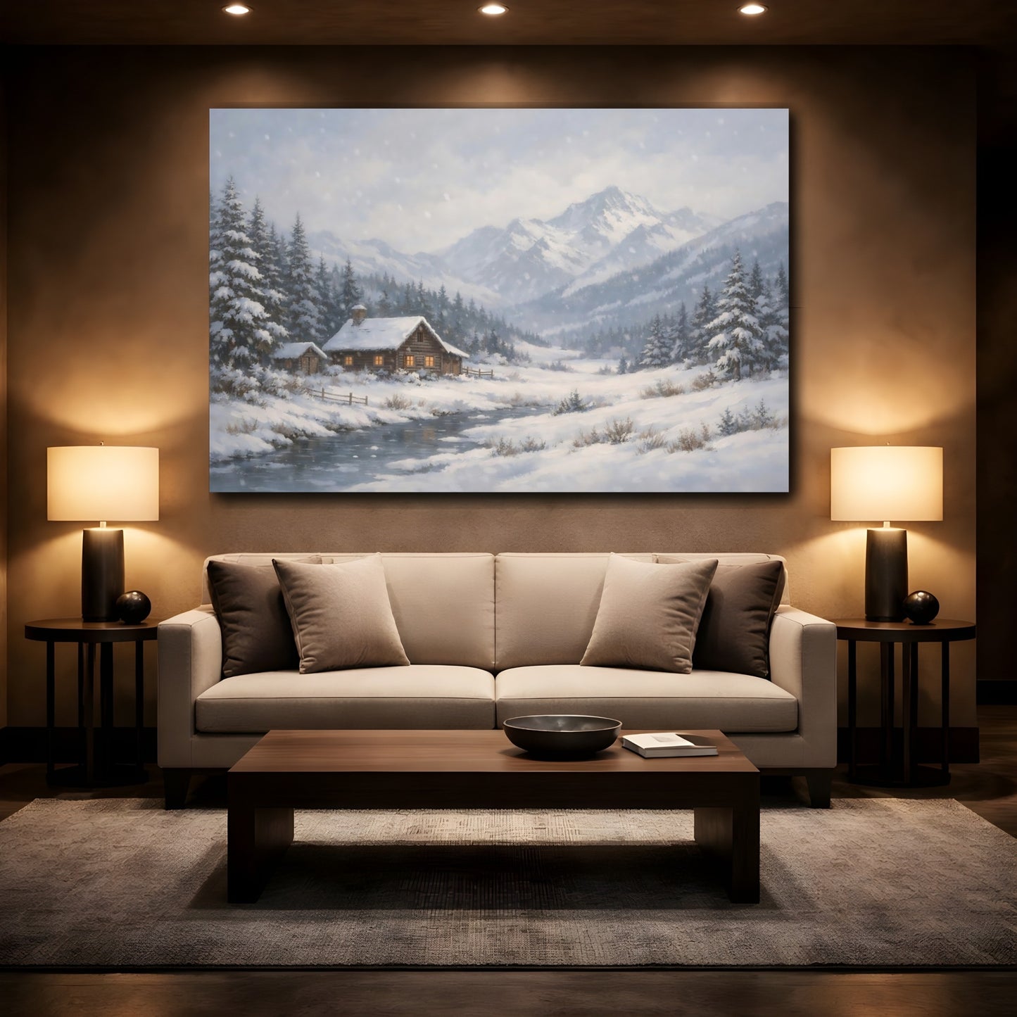 Mockup 3. Nature Winter Cabin Snowy Cabin shown as stretched canvas wall art