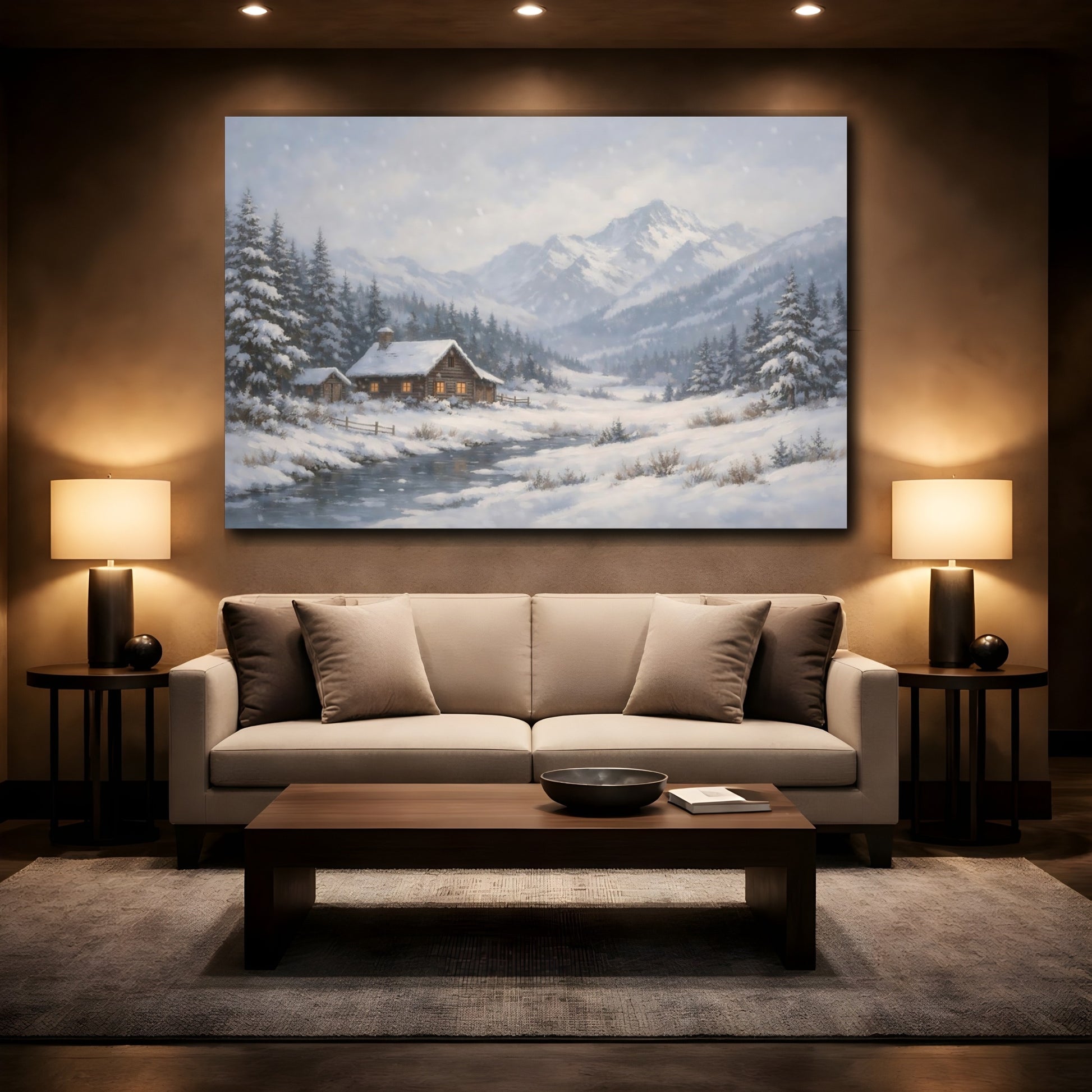 Mockup 3. Nature Winter Cabin Snowy Cabin shown as stretched canvas wall art