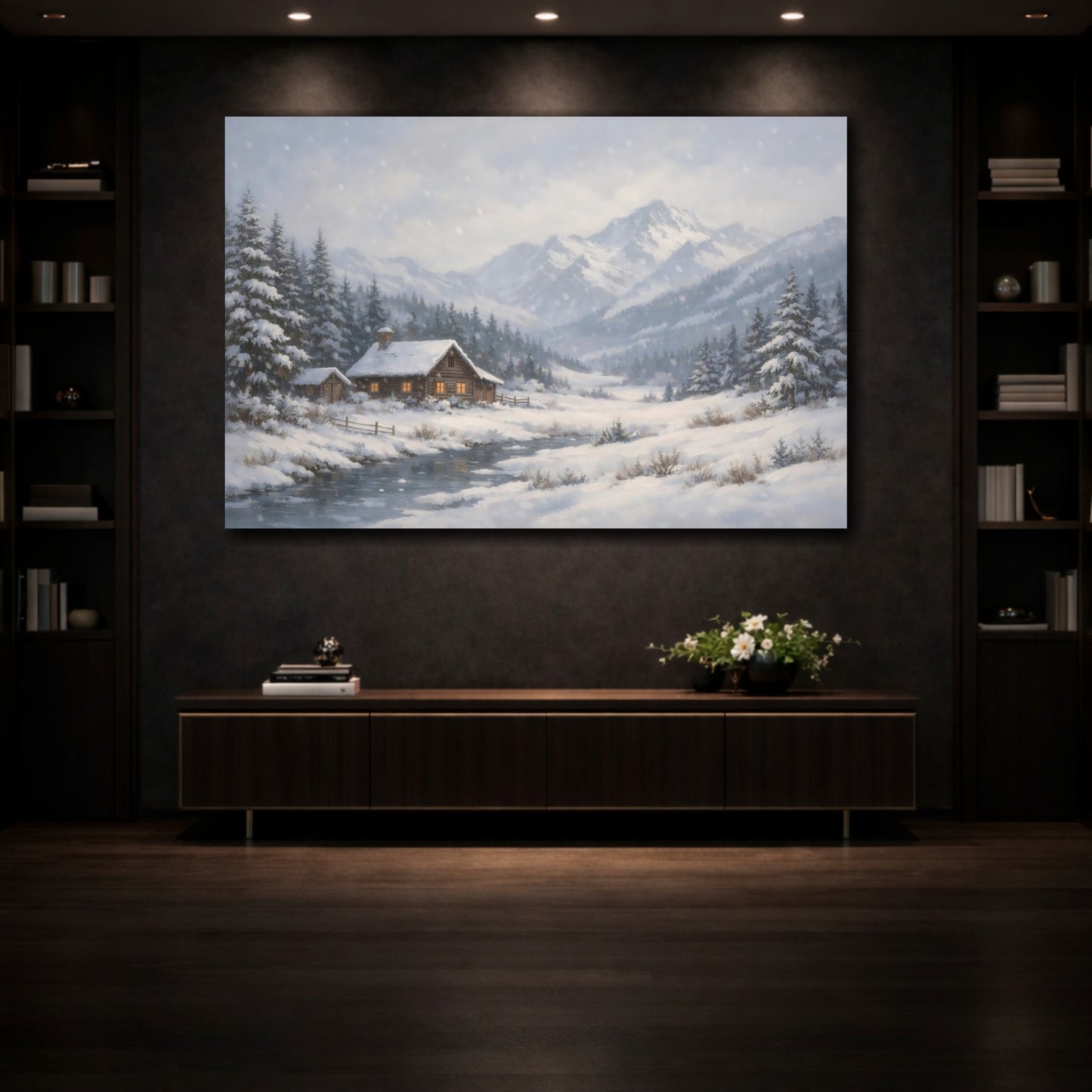 Mockup 4. Nature Winter Cabin Snowy Cabin shown as stretched canvas wall art