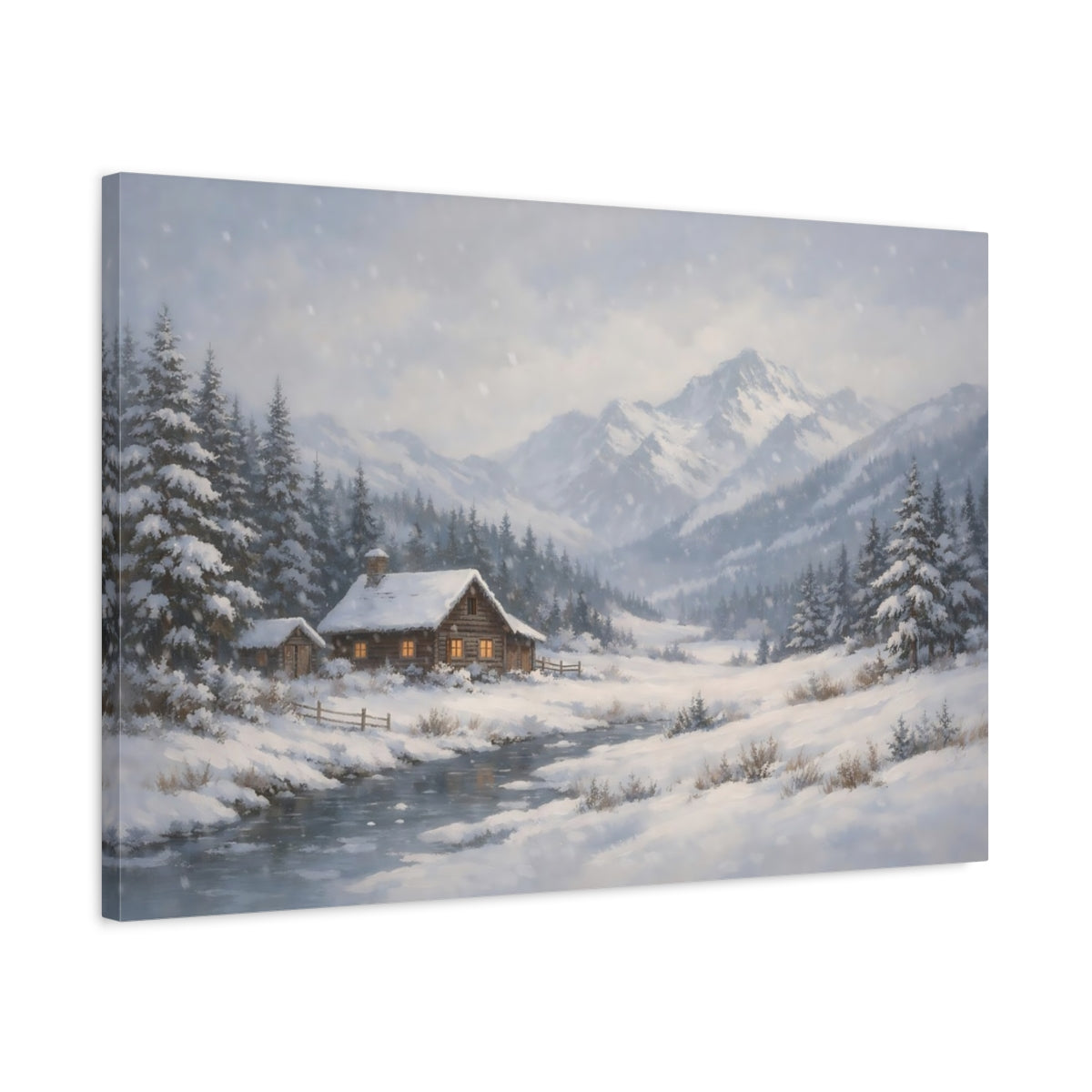 Side Mockup 2. Nature Winter Cabin Snowy Cabin shown as stretched canvas wall art