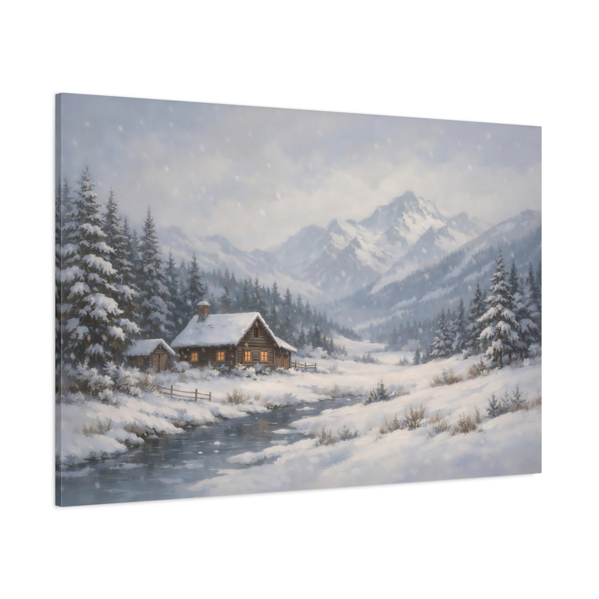 Side Mockup 1. Nature Winter Cabin Snowy Cabin shown as stretched canvas wall art