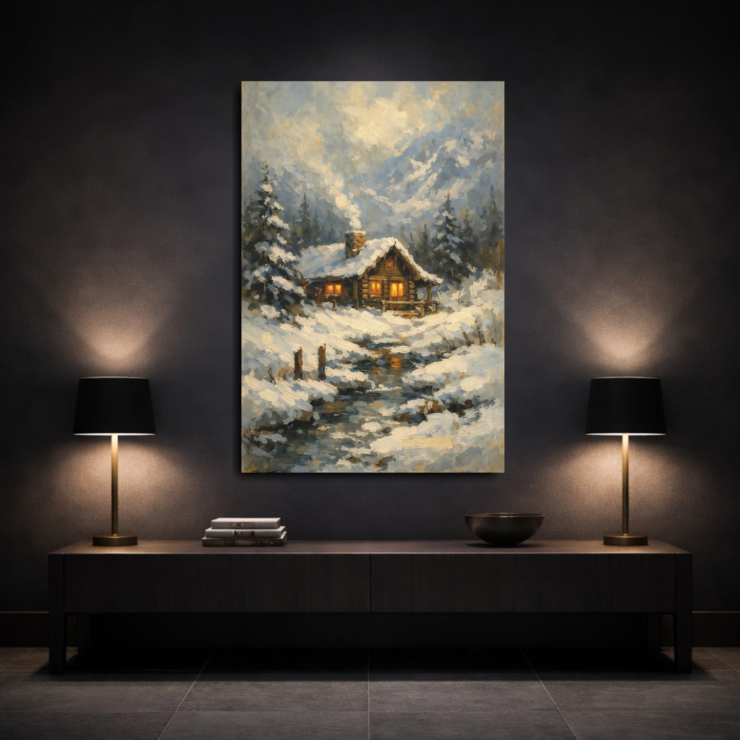 Mockup 2. Nature Winter Cabin Winter Cabin shown as stretched canvas wall art