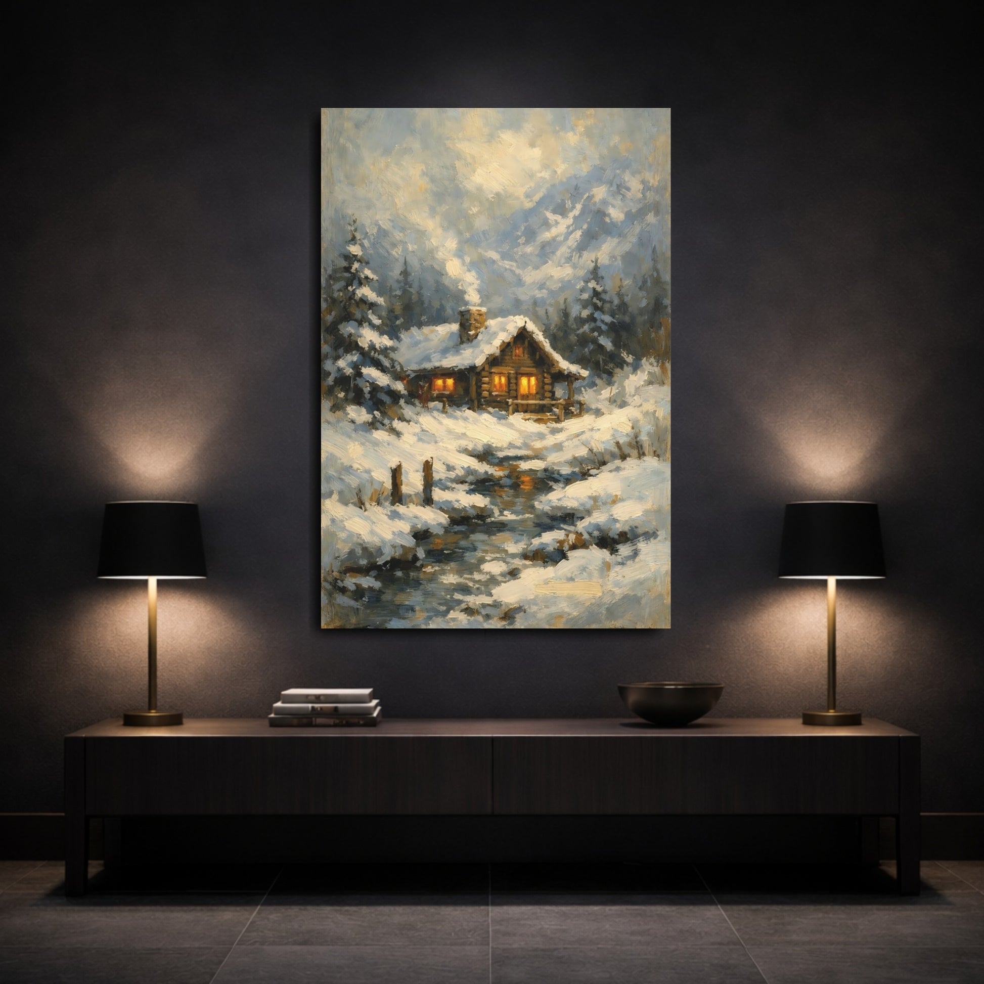 Mockup 2. Nature Winter Cabin Winter Cabin shown as stretched canvas wall art