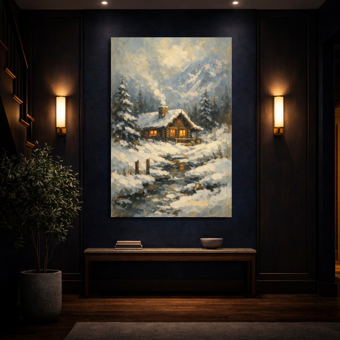 Mockup 3. Nature Winter Cabin Winter Cabin shown as stretched canvas wall art