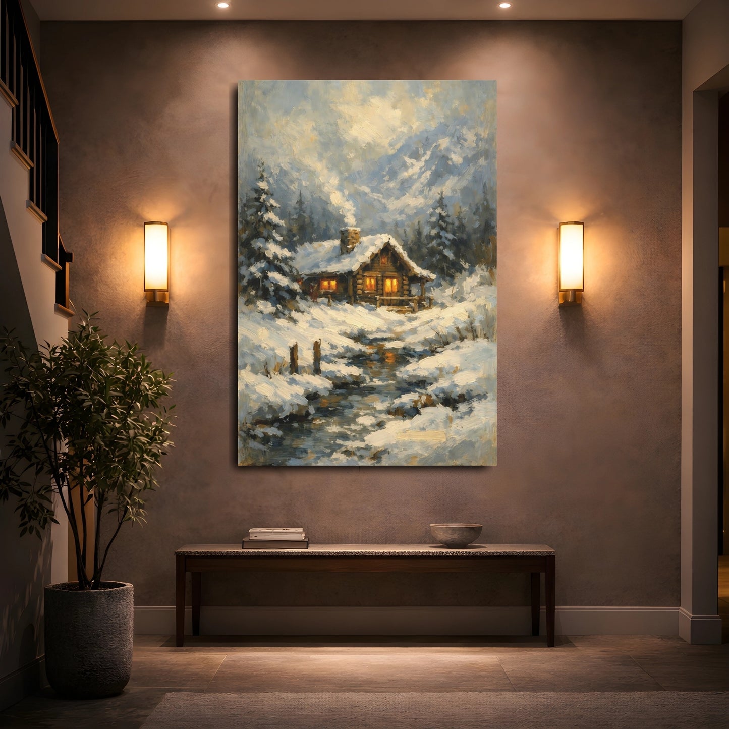 Mockup 4. Nature Winter Cabin Winter Cabin shown as stretched canvas wall art