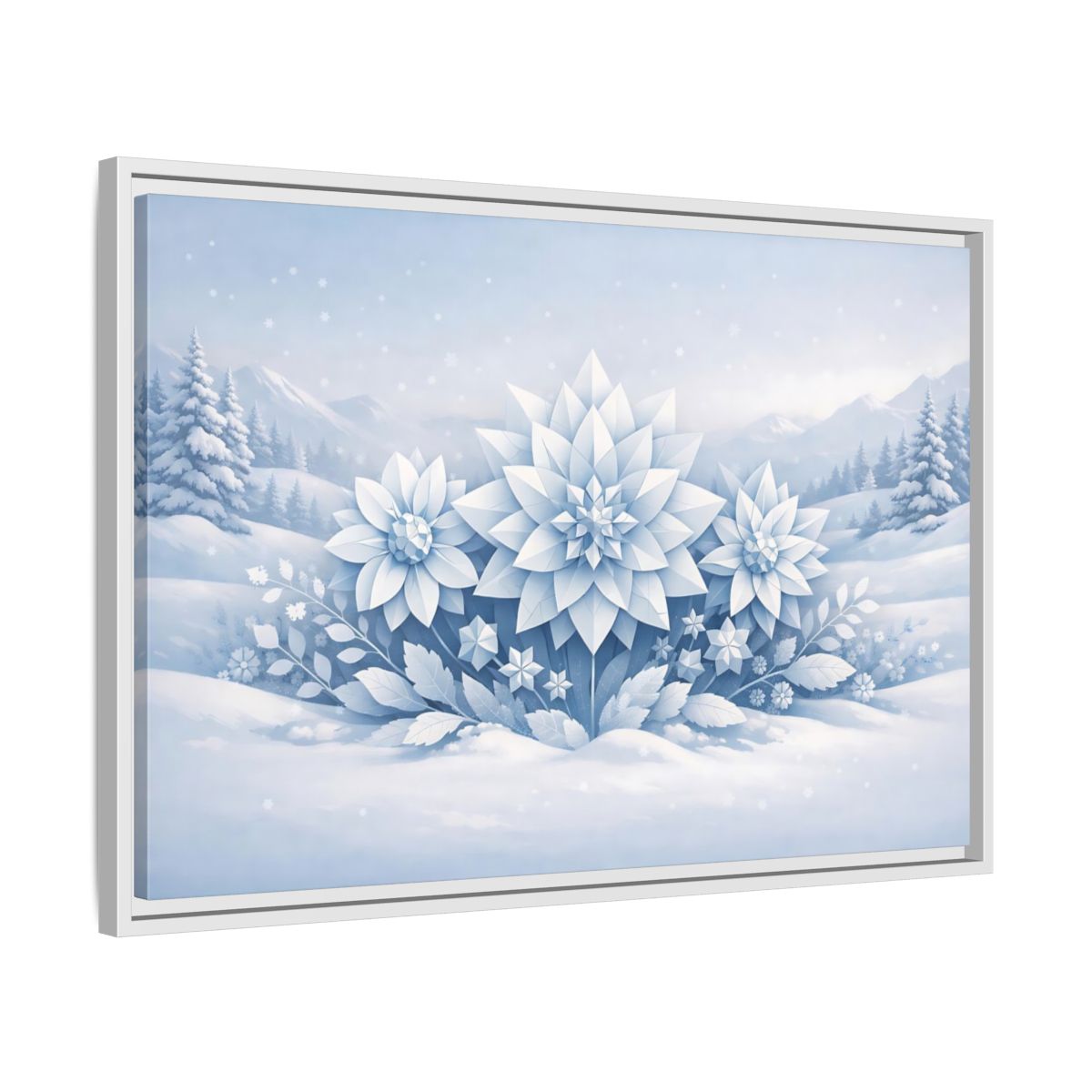 Side Mockup 10. Nature Winter Flowers Blue And White Winter shown as stretched canvas wall art