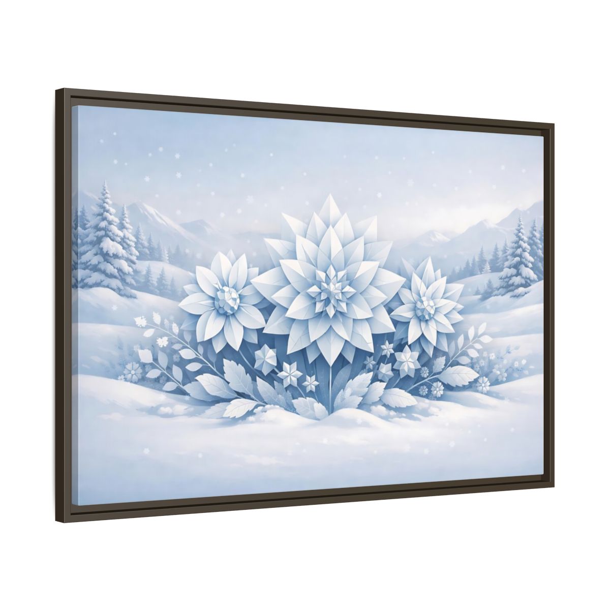 Side Mockup 9. Nature Winter Flowers Blue And White Winter shown as stretched canvas wall art