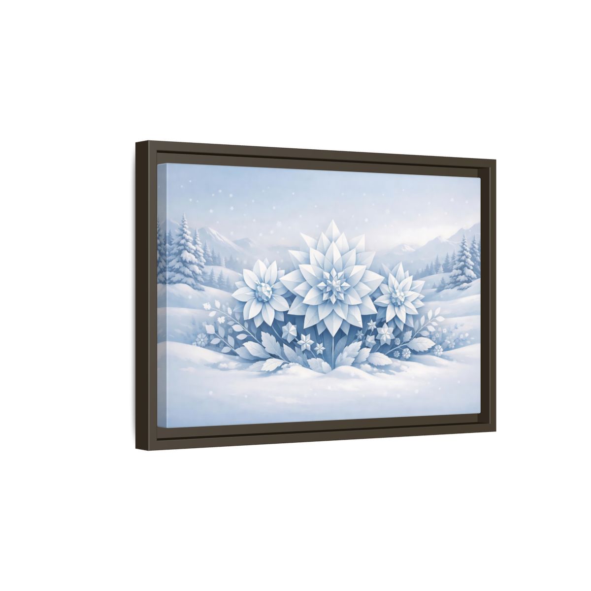 Side Mockup 5. Nature Winter Flowers Blue And White Winter shown as stretched canvas wall art