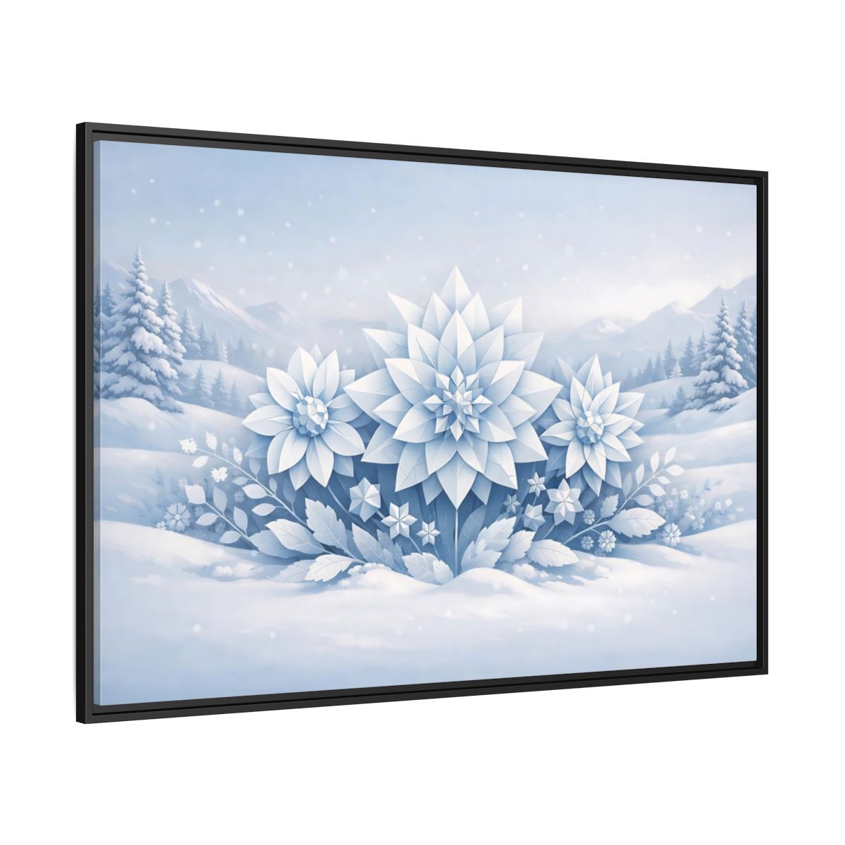Side Mockup 12. Nature Winter Flowers Blue And White Winter shown as stretched canvas wall art