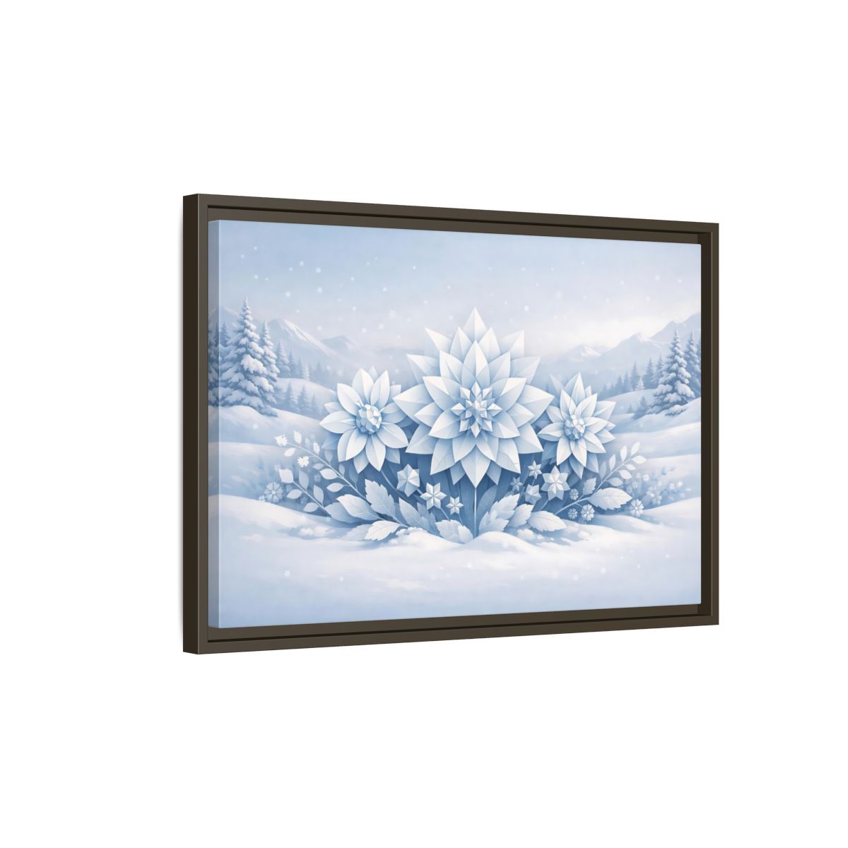 Side Mockup 2. Nature Winter Flowers Blue And White Winter shown as stretched canvas wall art