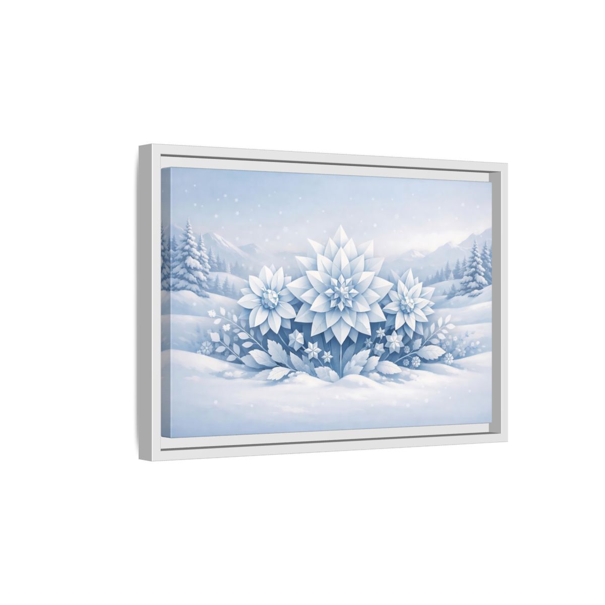 Side Mockup 4. Nature Winter Flowers Blue And White Winter shown as stretched canvas wall art