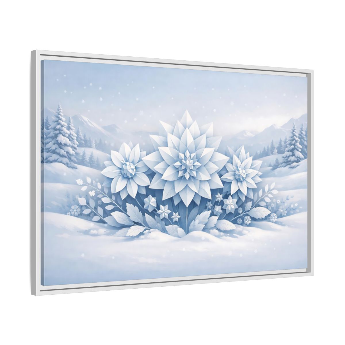 Side Mockup 8. Nature Winter Flowers Blue And White Winter shown as stretched canvas wall art