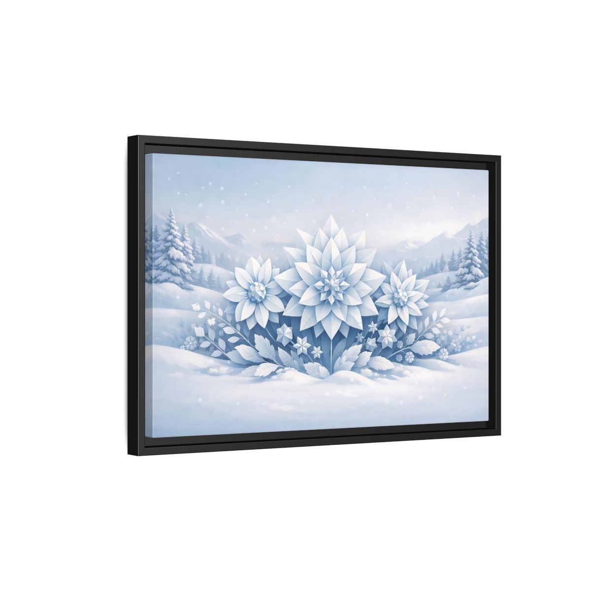 Side Mockup 3. Nature Winter Flowers Blue And White Winter shown as stretched canvas wall art