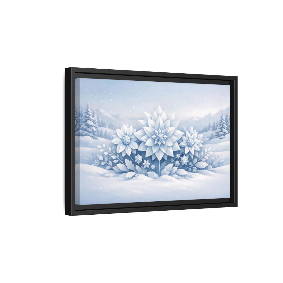 Side Mockup 6. Nature Winter Flowers Blue And White Winter shown as stretched canvas wall art