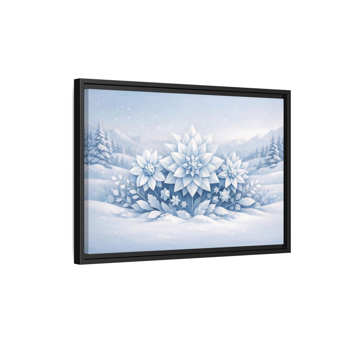 Side Mockup 3. Nature Winter Flowers Blue And White Winter shown as stretched canvas wall art