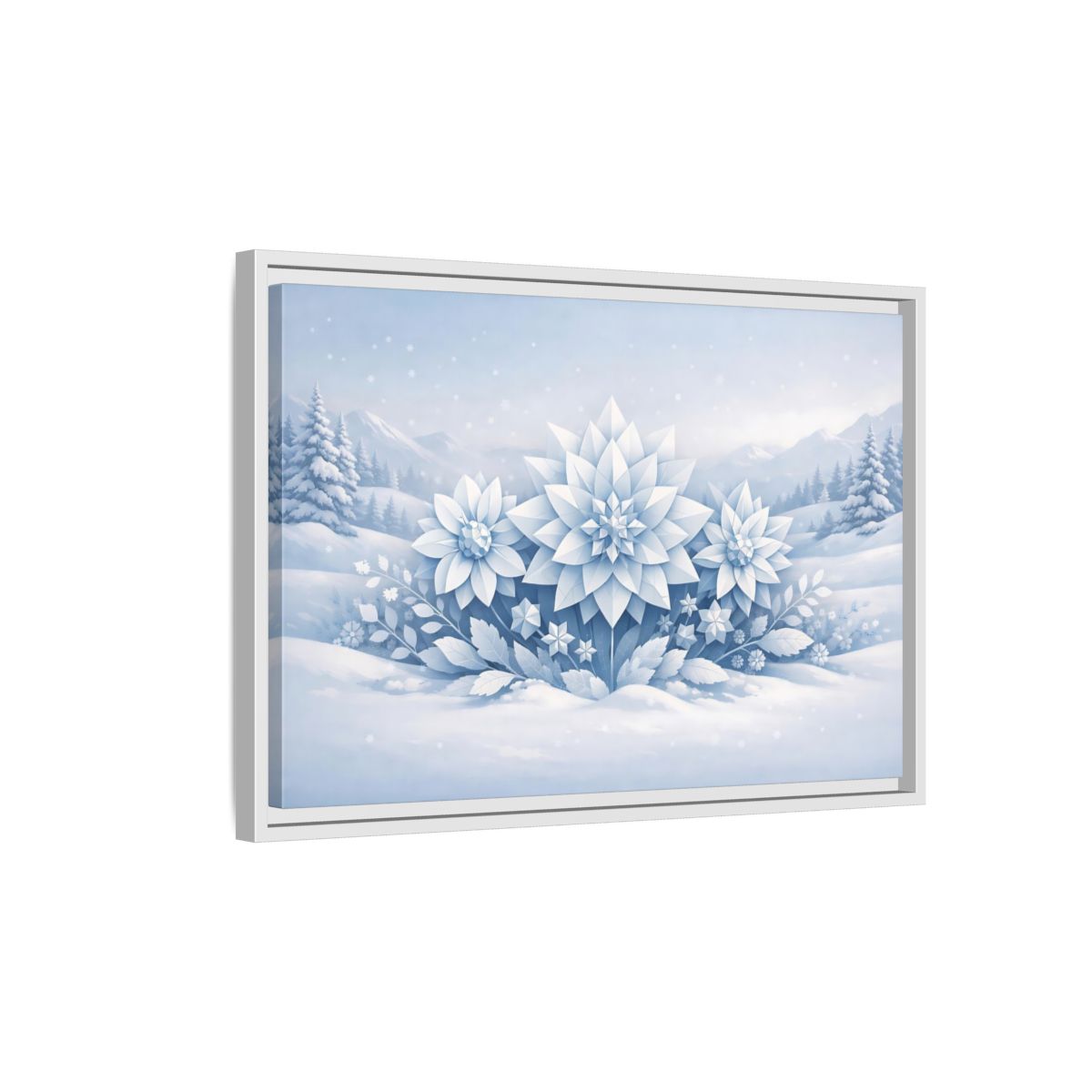 Side Mockup 1. Nature Winter Flowers Blue And White Winter shown as stretched canvas wall art