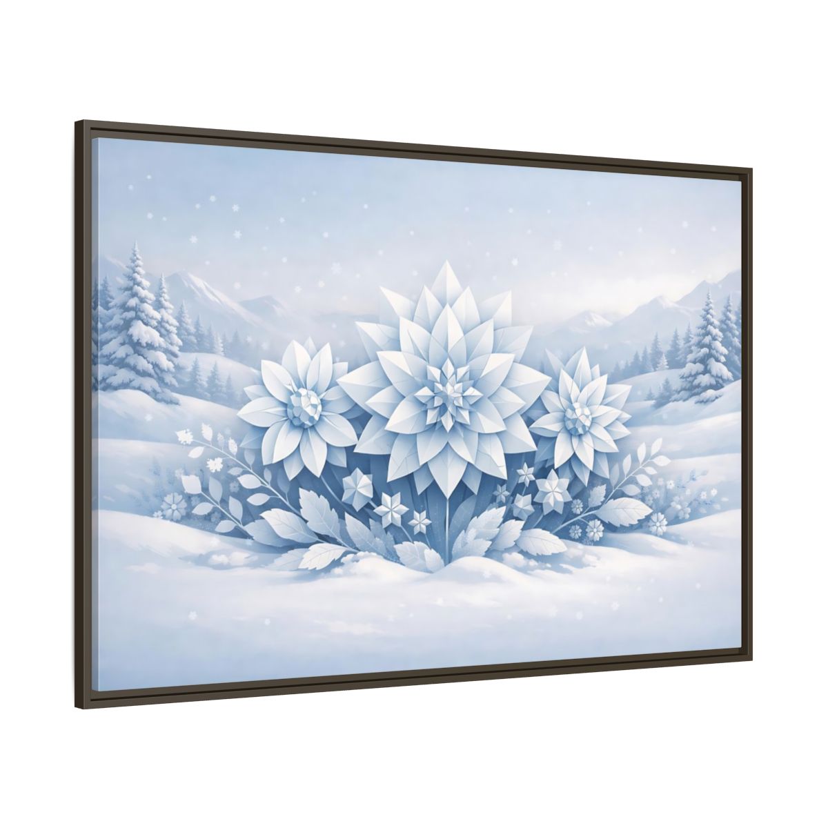 Main Mockup. Nature Winter Flowers Blue And White Winter shown as stretched canvas wall art