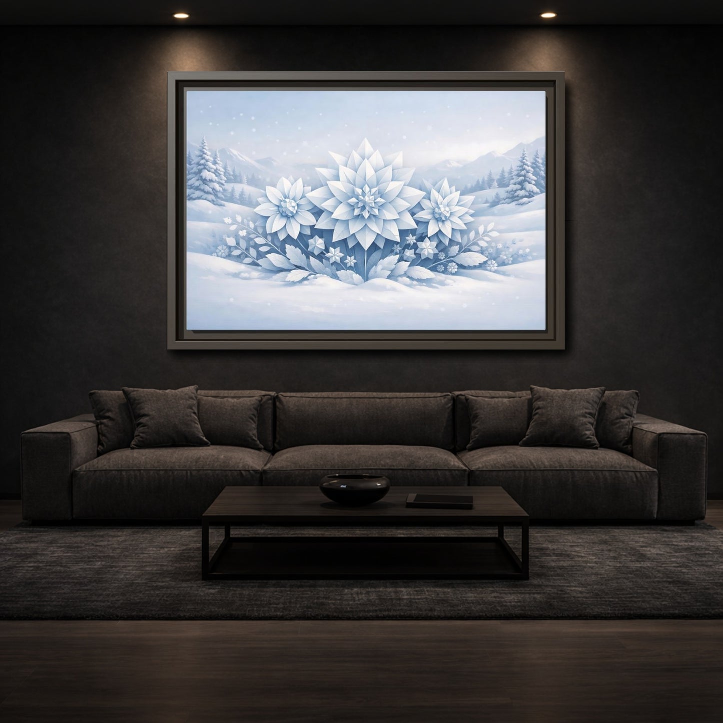 Mockup 2. Nature Winter Flowers Blue And White Winter shown as stretched canvas wall art