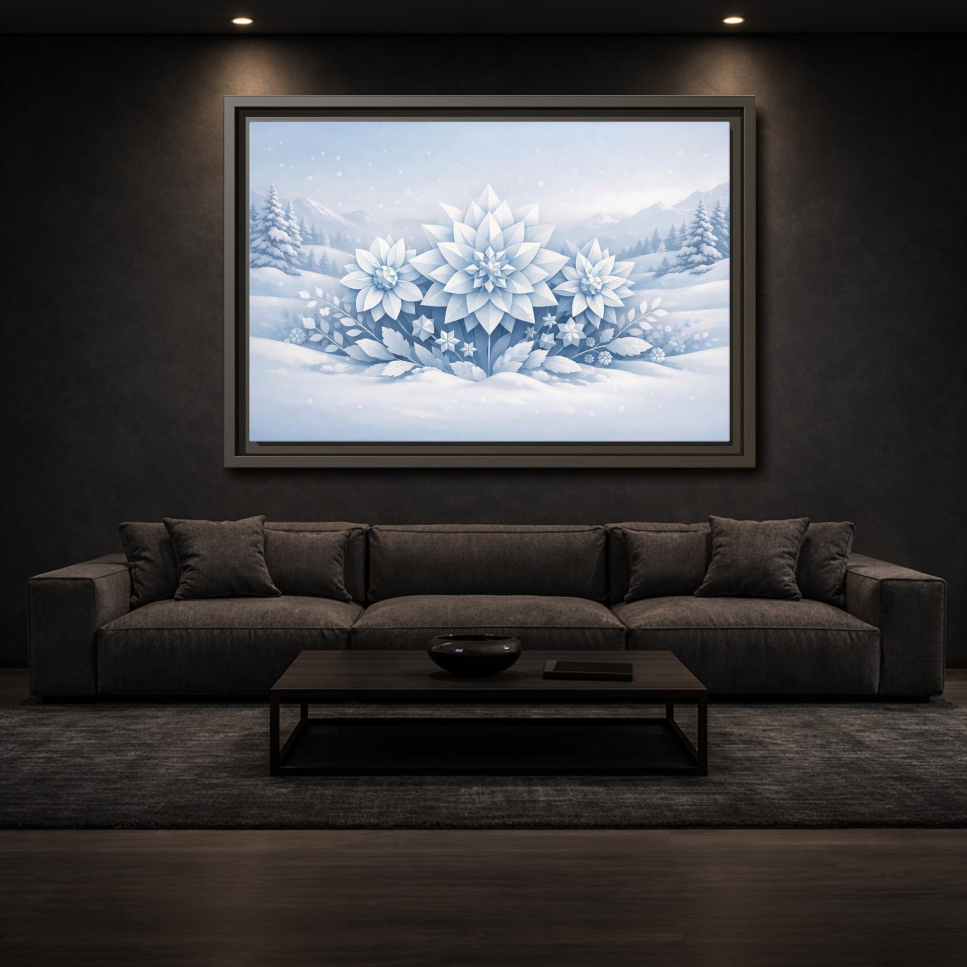 Mockup 2. Nature Winter Flowers Blue And White Winter shown as stretched canvas wall art